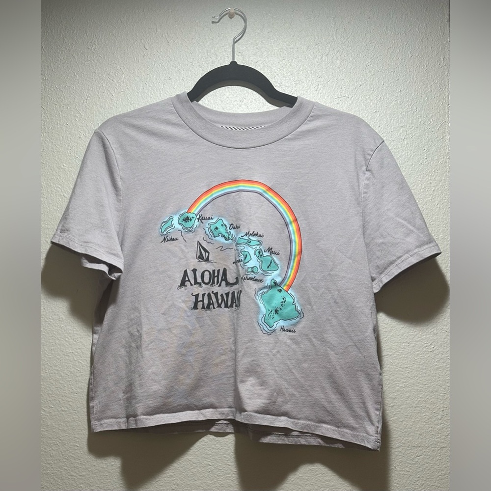 Volcom Stone gray/purple cropped tee, women’s size XL.